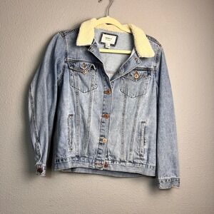 Forever 21 Womens Light‎ Wash Denim Trucker Jacket Faux Shearling Collar Blue S